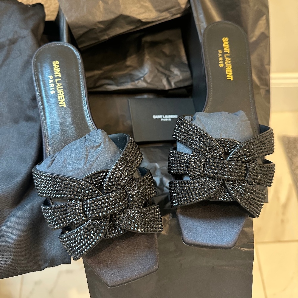 Saint Laurent Tribute Rhinestone Suede Sandal